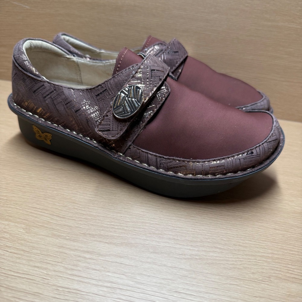 Alegria Dena Comfort Clog Shoes Size 36 Burgundy Leather Metallic Slip Ons